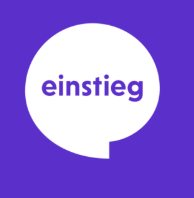Ein lila Quadrat mit einem weißen Sprechblasen-Logo und dem Wort "einstieg" darin.