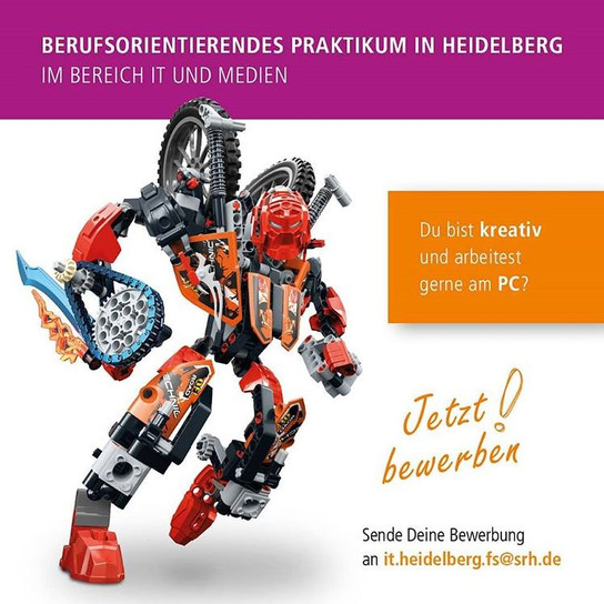 Ein Lego-Roboter auf einem Flyer mit Text in Deutsch.