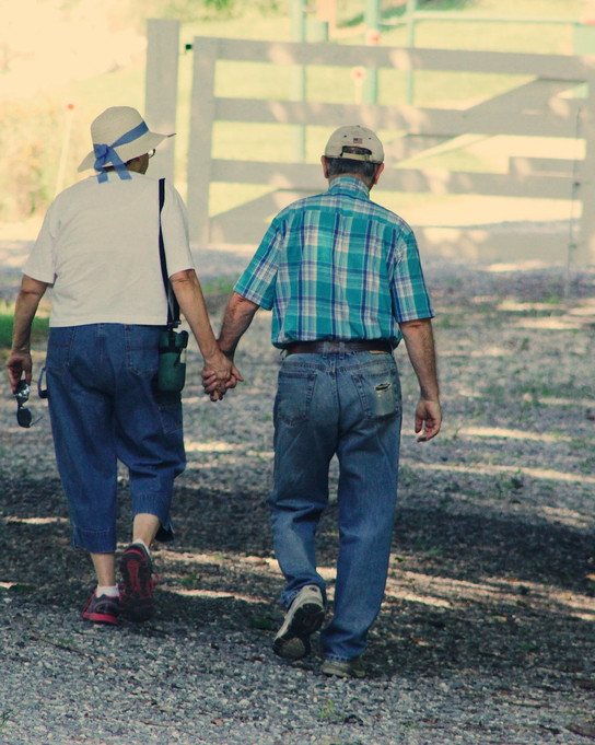 Zwei Personen gehen Hand in Hand auf einem Feldweg.