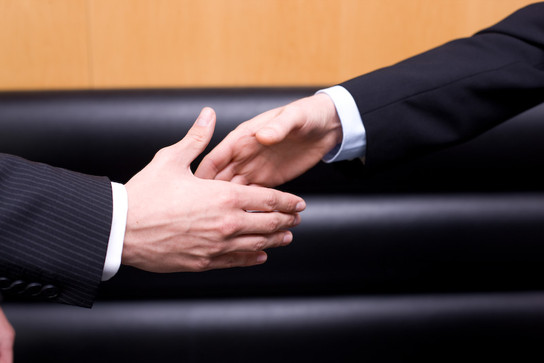 Zwei Personen schütteln formell die Hände.