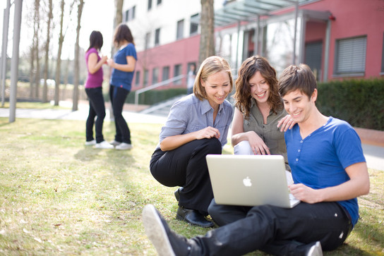 Vier Personen sitzen auf einem Rasen, zwei verwenden einen Laptop.