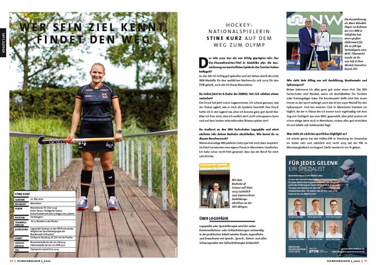 Zeitschriftenseite mit einer Sportlerin und Text über Hockey-Nationalspielerinnen und Olympia.