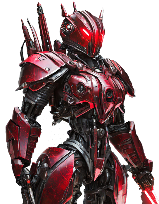 Ein roter und schwarzer Roboter mit spitzen Schultern und Waffen.